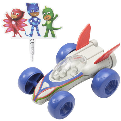 A PJ Masks Saves the Day DecoSet® featuring a rolling Cat-Car toy and a character topper with Catboy, Owlette, and Gekko.