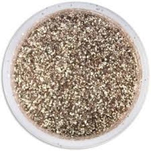 Close-up of metallic champagne Galaxy Glitter Dust in a round container, sparkling with soft gold and silver flecks.