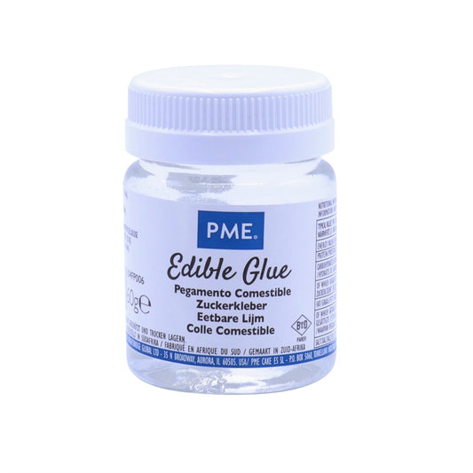 PME Edible Glue in 60g jar, clear food-safe adhesive for sugarcraft and cake decorating, used for attaching fondant and sugar flowers