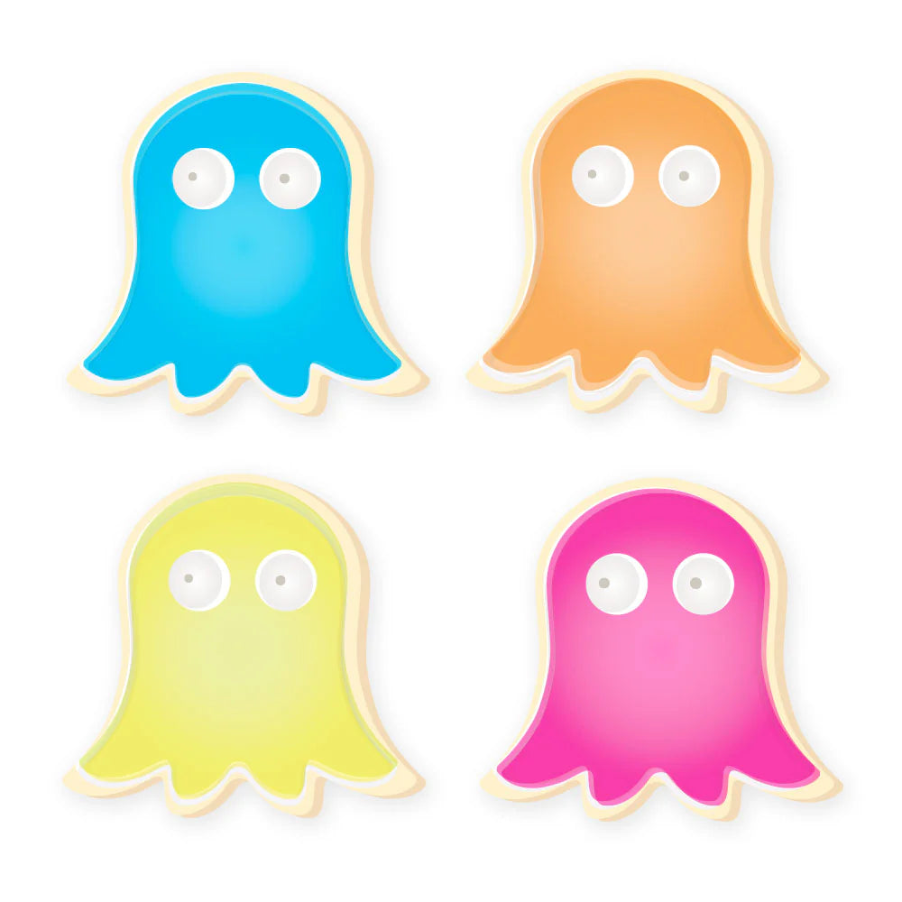 Four colorful ghost-shaped cookies in blue, orange, yellow, and pink with large white eyes.