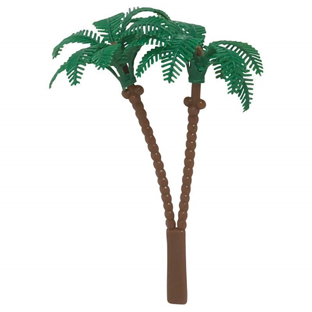 Pair of plastic palm tree cake topper picks with detailed green fronds and brown trunks, perfect for a tropical or beach-themed cake decoration.