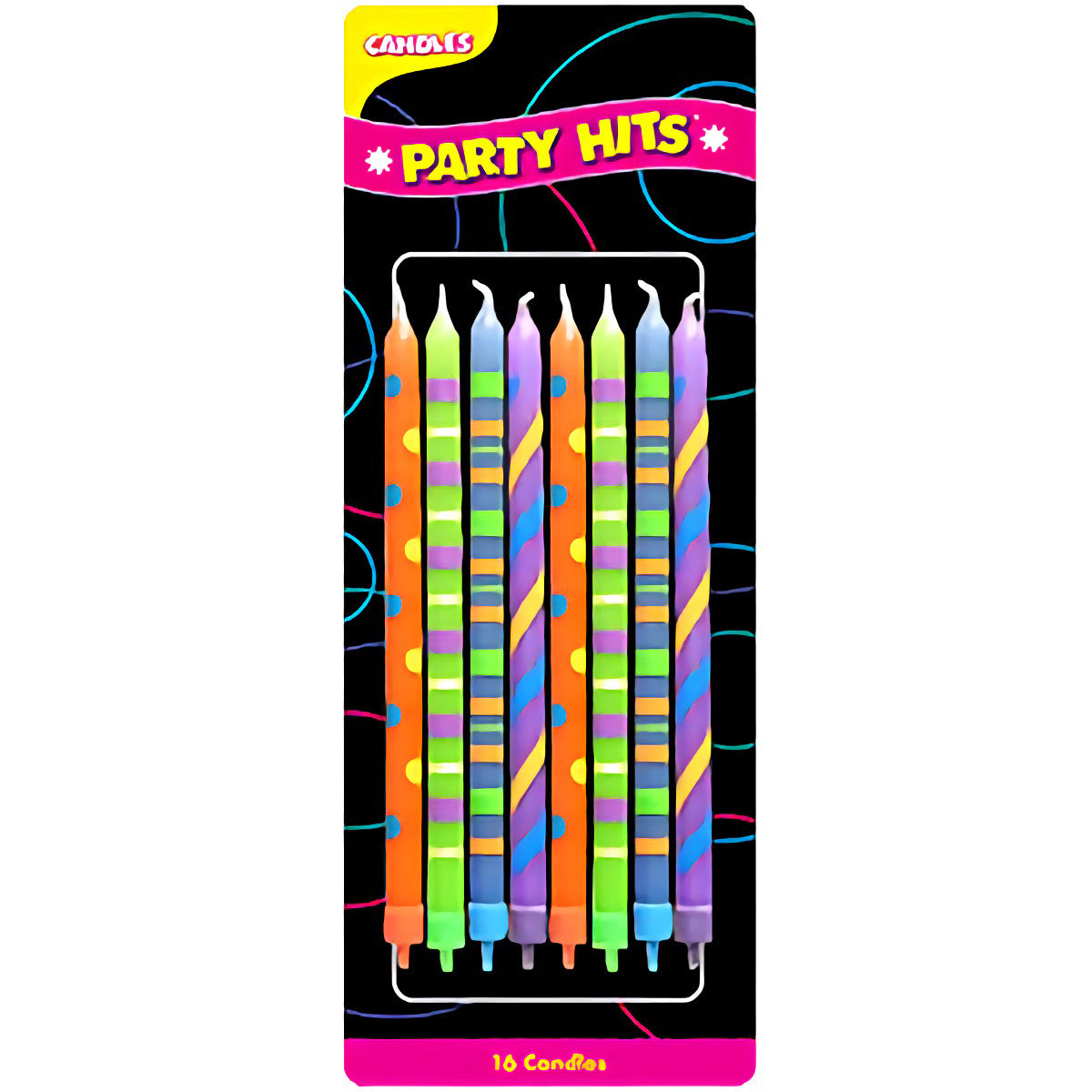 16 vibrant and colorful Paparazzi Birthday Candles with assorted patterns and colors, each measuring 5 1/4 inches tall, packaged with candle holders, perfect for celebrations and birthday parties.