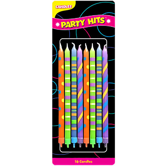 16 vibrant and colorful Paparazzi Birthday Candles with assorted patterns and colors, each measuring 5 1/4 inches tall, packaged with candle holders, perfect for celebrations and birthday parties.