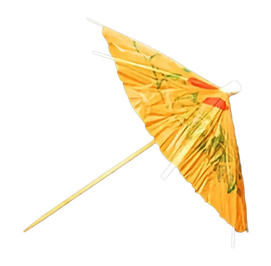Orange paper umbrella cupcake topper pick with a floral design, displayed against a dark background.