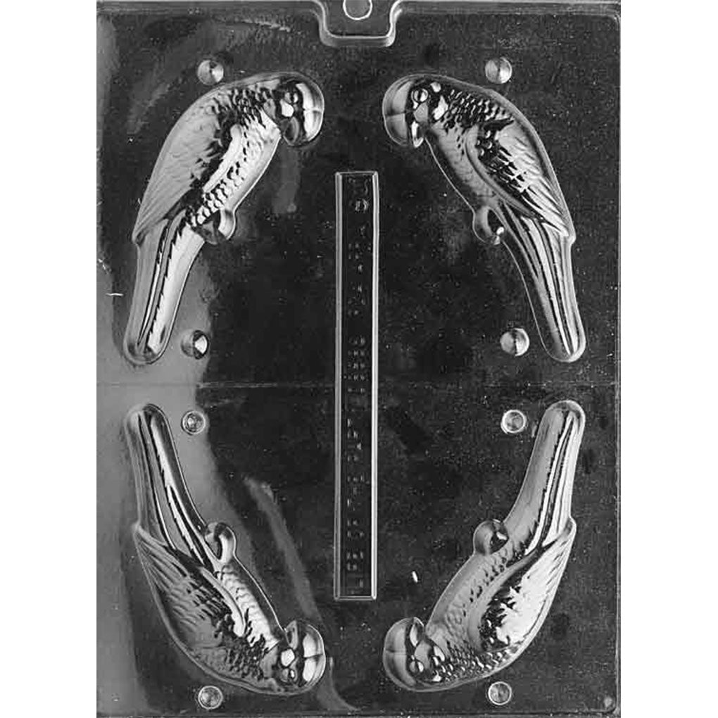 Clear plastic 3D chocolate mold with four parakeet-shaped cavities, showing detailed feather texture and a center guide line for cutting the mold into two matching halves.