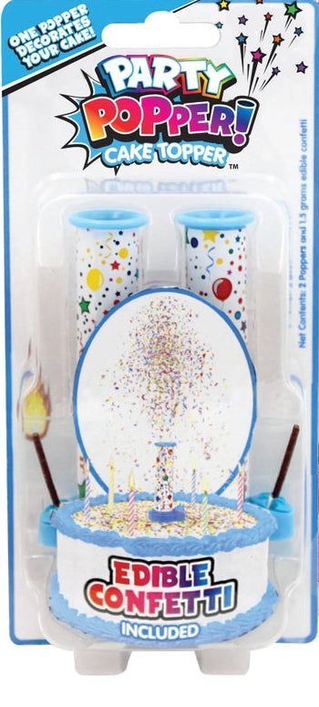 Party Popper! Cake Topper in blue packaging, featuring edible confetti sprinkles.