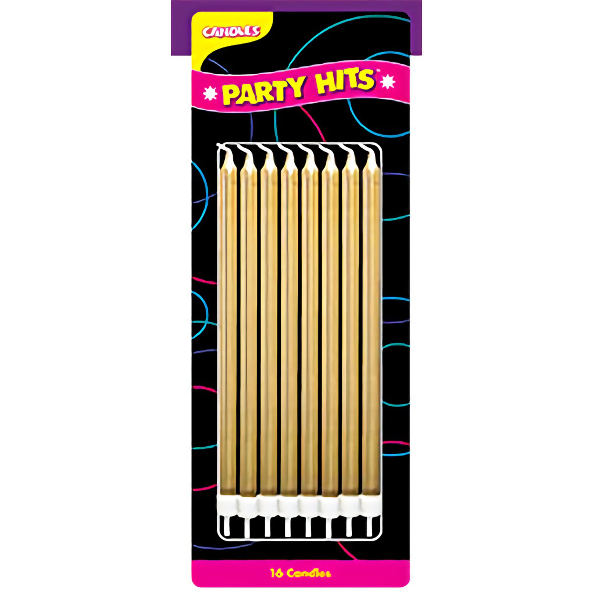 Set of 16 gold 5-inch Party Shape Birthday Candles with holders, packaged in a black and colorful design box labeled "Party Hits."