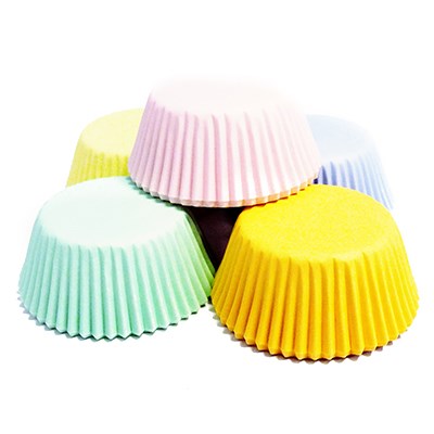 Assorted pastel cupcake cases fanned out, including yellow, mint green, pink, and lilac.