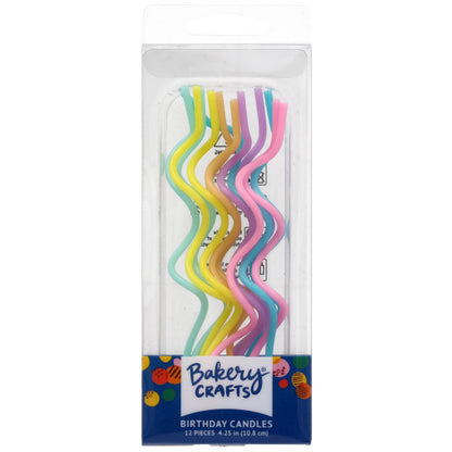 Clear Bakery Crafts package holding assorted pastel twist shaped birthday candles in mint, yellow, peach, lavender, pink, and blue, each candle formed in a wavy spiral shape.