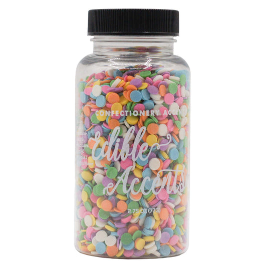 Edible Accents pastel rainbow quins sprinkles in flat, round confetti shapes, packaged in a clear 2.75-ounce bottle with a black cap.