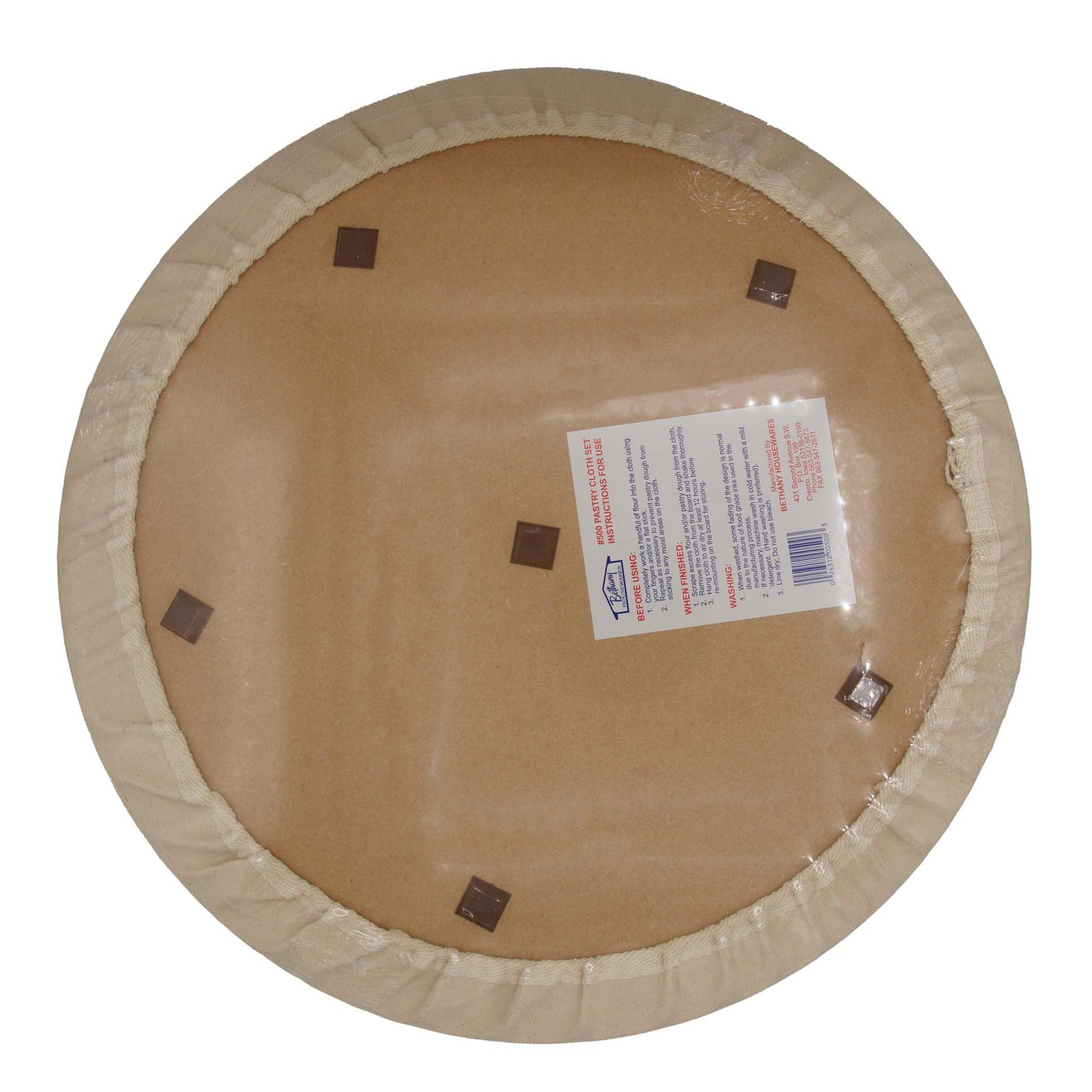 A 19-inch round hardwood pastry board with non-skid legs and a fitted cotton cloth cover, designed for rolling out lefse, pie crusts, and more.