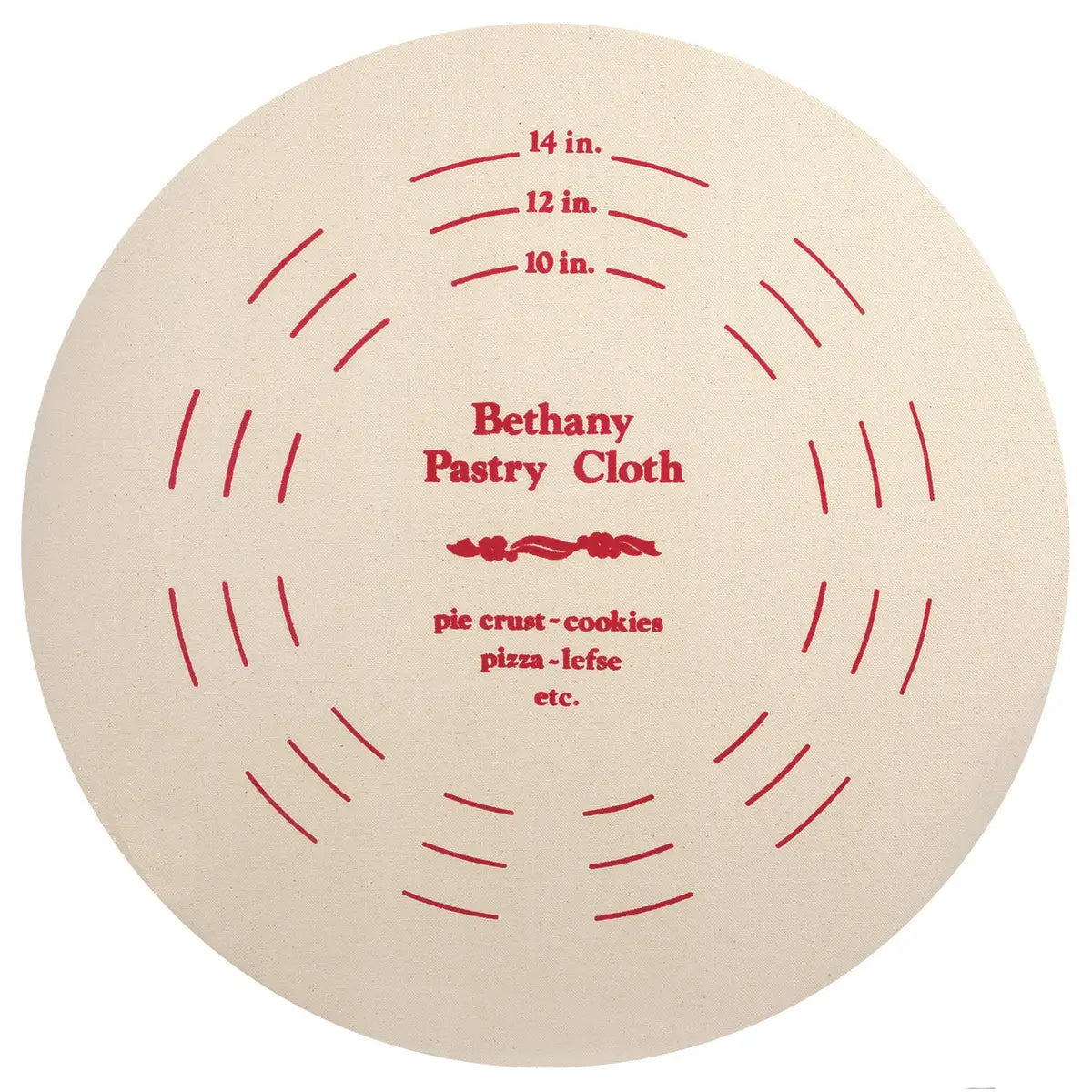 A pre-shrunk cotton pastry cloth with printed measurement guides for rolling out 10”, 12”, and 14” dough rounds, ideal for baking and pastry-making.