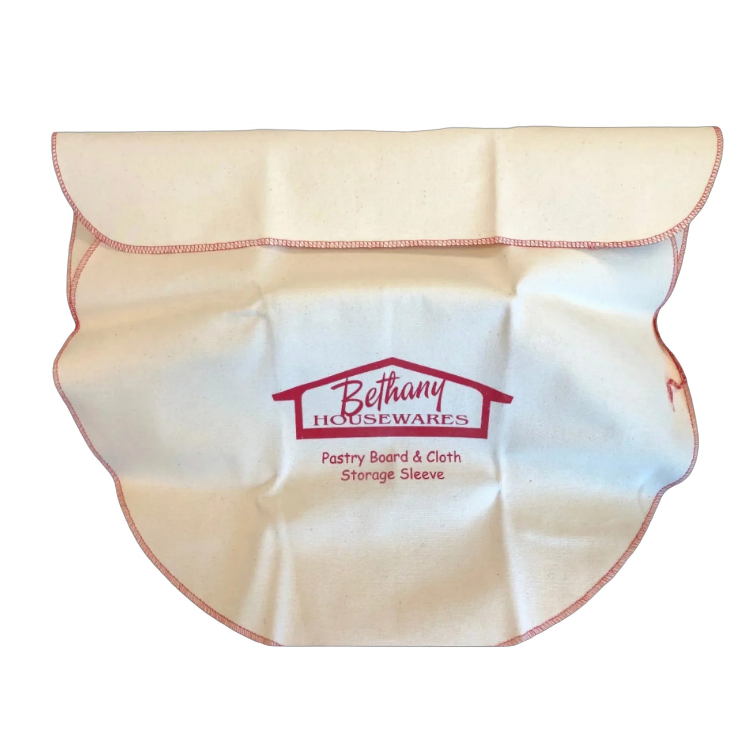 Cream-colored pastry board and cloth storage sleeve with red stitched edging and “Bethany Housewares Pastry Board & Cloth Storage Sleeve” printed in red on the front.