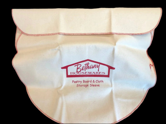 Pastry Board & Cloth Storage Sleeve by Bethany Housewares, made of cream-colored duck twill with red stitching and logo, designed to contain flour and protect baking tools.