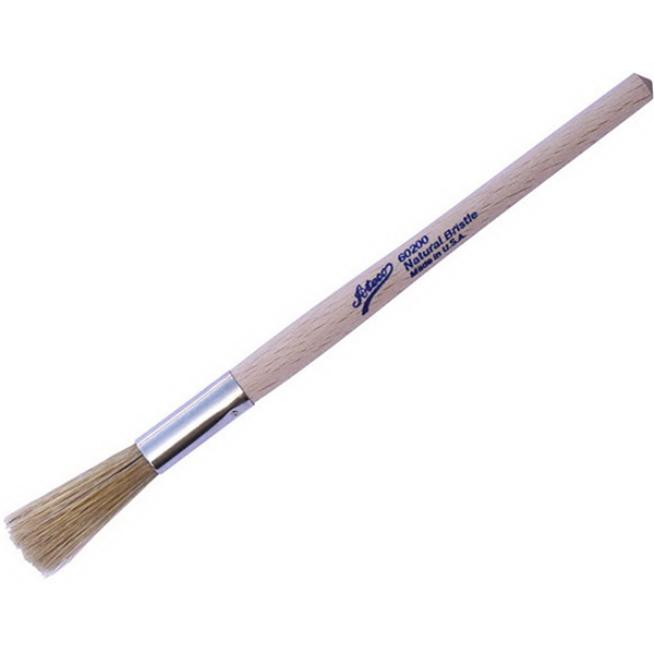 Small round pastry brush with natural boar bristles, a stainless steel ferrule, and a lacquered wooden handle—ideal for precision glazing and delicate pastry work.