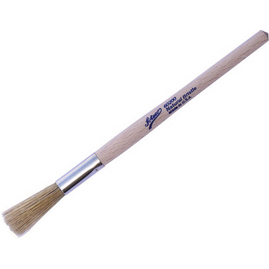 Small round pastry brush with natural boar bristles, a stainless steel ferrule, and a lacquered wooden handle—ideal for precision glazing and delicate pastry work.