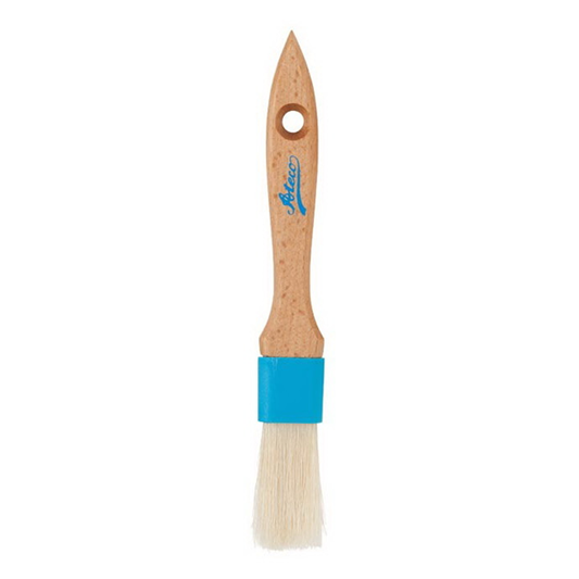 Pastry brush with natural boar bristles, a durable composite ferrule, and a wooden handle with a hanging hole—ideal for egg washes and glazes.