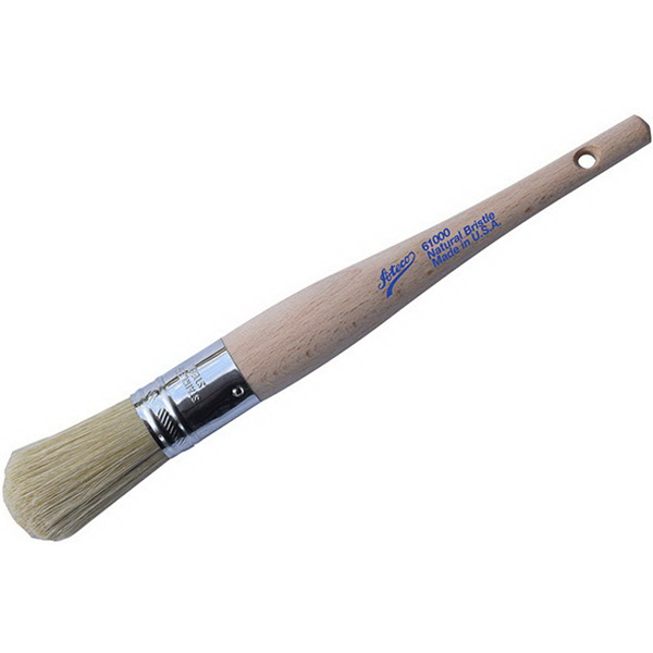 Professional-grade round pastry brush with natural boar bristles, a stainless steel ferrule, and a lacquered wood handle. Ideal for glazing, basting, and egg wash application.