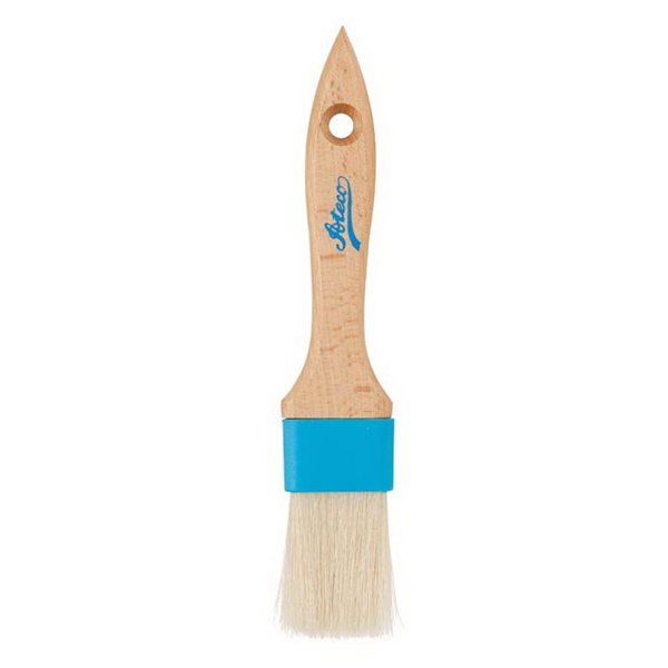 Pastry brush with natural boar bristles, a composite ferrule, and a wooden handle with a hanging hole—ideal for glazes, egg washes, and basting.