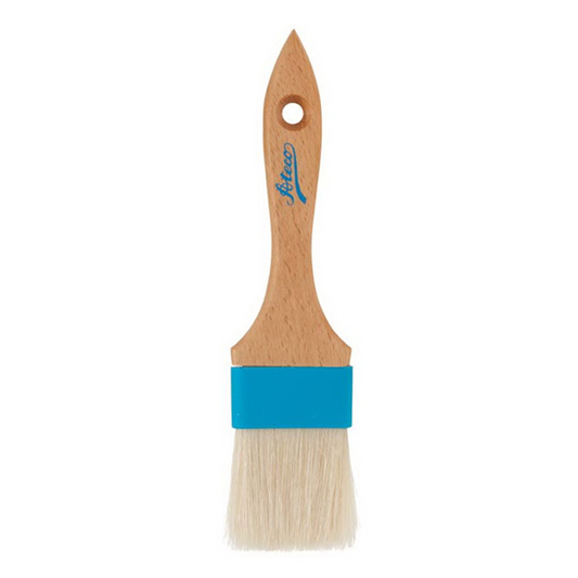 Professional pastry brush with natural boar bristles, a composite ferrule, and a wooden handle featuring a hanging hole. Ideal for glazing, egg washes, and basting.