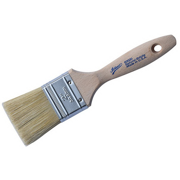 Wide flat pastry brush with natural boar bristles, stainless steel ferrule, and a lacquered wooden handle for even basting, glazing, and egg wash application.