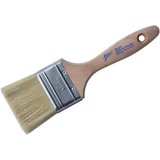 Wide flat pastry brush with natural boar bristles, stainless steel ferrule, and lacquered wooden handle, ideal for glazing, basting, and buttering large pastries and roasts.