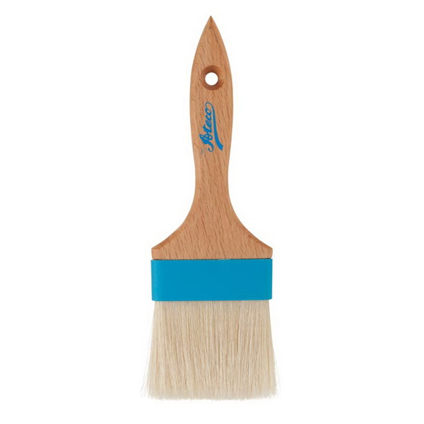 Professional pastry brush featuring natural boar bristles, a composite ferrule, and a wooden handle with a hanging hole. Ideal for glazing, egg washes, and basting.