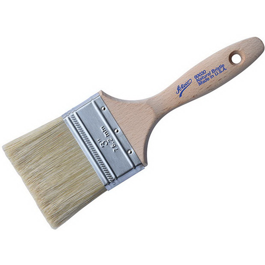 Wide flat pastry brush featuring natural boar bristles, a stainless steel ferrule, and a lacquered wooden handle—ideal for glazing, basting, and buttering large pastries and roasts.