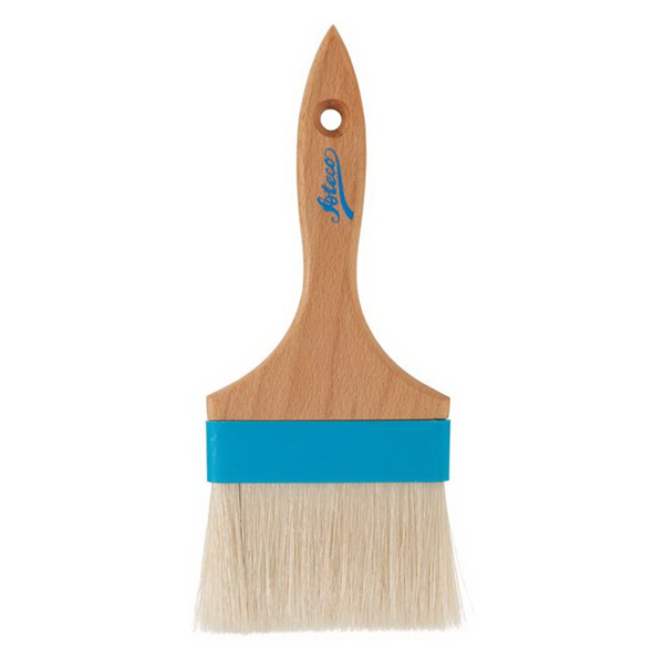 Wide pastry brush with natural boar bristles, a composite ferrule, and a wooden handle featuring a hanging hole. Perfect for glazing, egg washes, and basting.