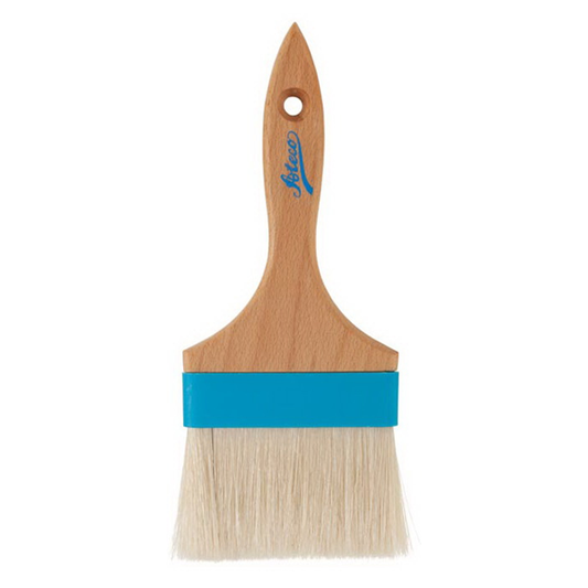 Wide pastry brush with natural boar bristles, a composite ferrule, and a wooden handle featuring a hanging hole. Perfect for glazing, egg washes, and basting.