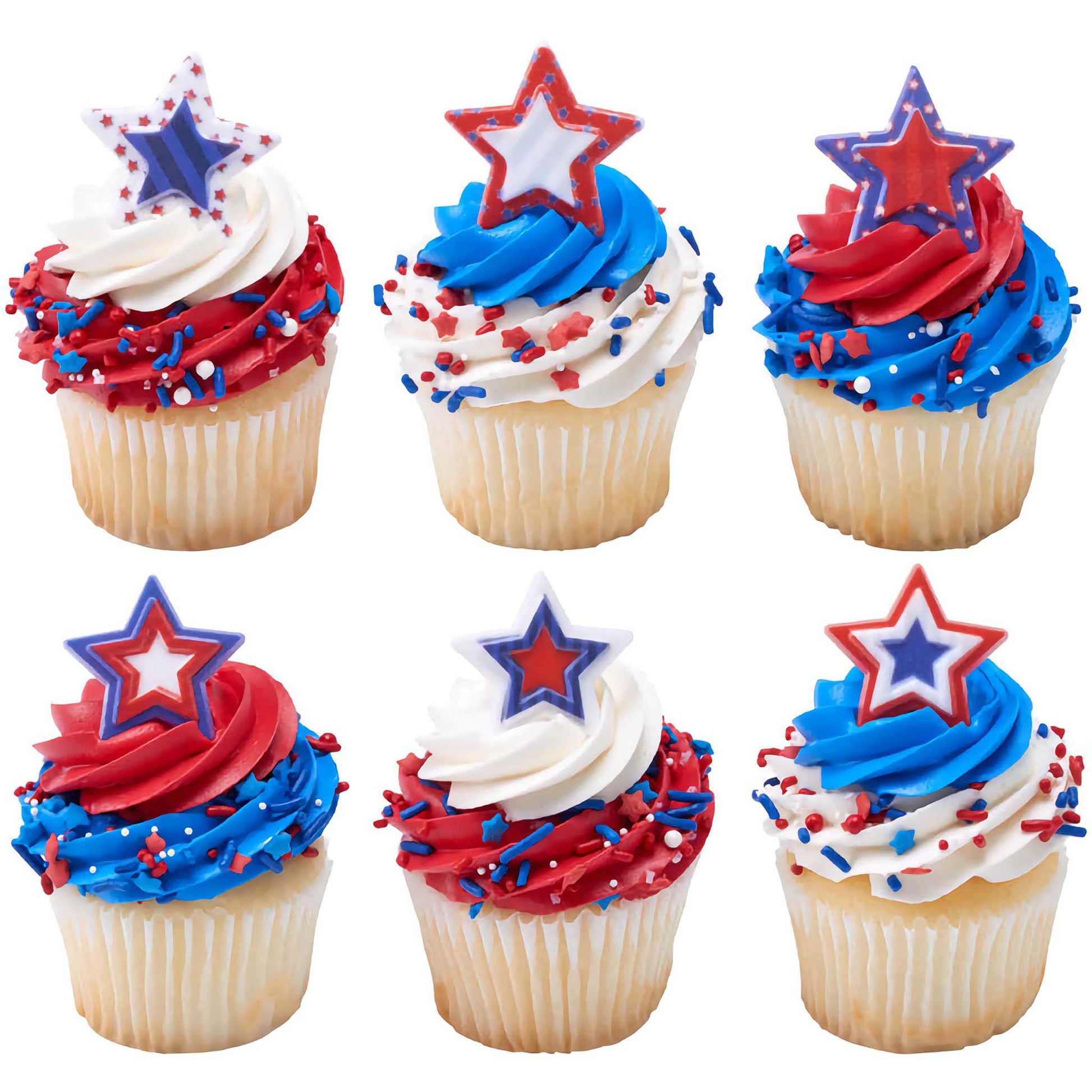 A set of cupcakes decorated with red, white, and blue frosting, topped with a patriotic sprinkle blend of stars and beads, each cupcake adorned with a star-shaped topper for a festive Fourth of July celebration.