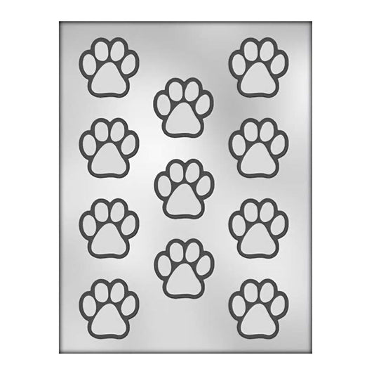 A chocolate mold with twelve paw print-shaped cavities, perfect for creating charming paw print chocolates or candies. The design features four small toe pads and a larger pad, resembling an animal's paw, ideal for pet-themed parties, animal lovers, or creative baking projects.