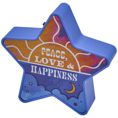 A blue star-shaped cake topper with a celestial sunrise design and "Peace, Love & Happiness" text.