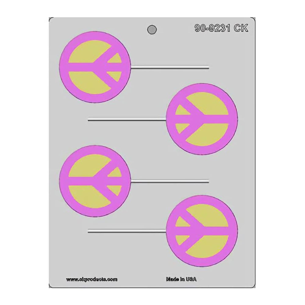 This is a chocolate lollipop mold featuring three cavities in the shape of the iconic peace sign. The peace symbols are set against a round backdrop and each cavity has an integrated stick holder at the bottom for lollipop creation. 