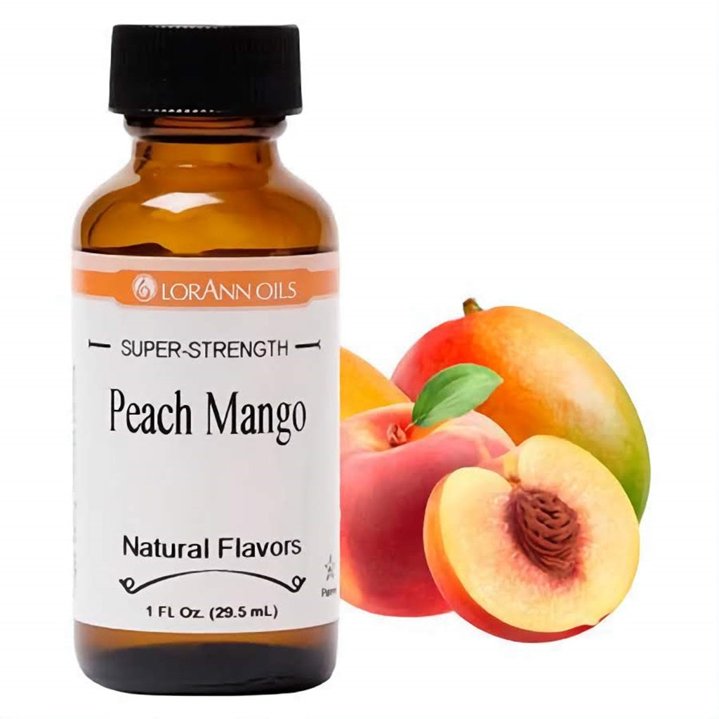 A bottle of LorAnn Oils Super-Strength Peach Mango Natural Flavors, with a depiction of fresh peach slices and a ripe mango, illustrating the combined fruit flavors of the concentrate.