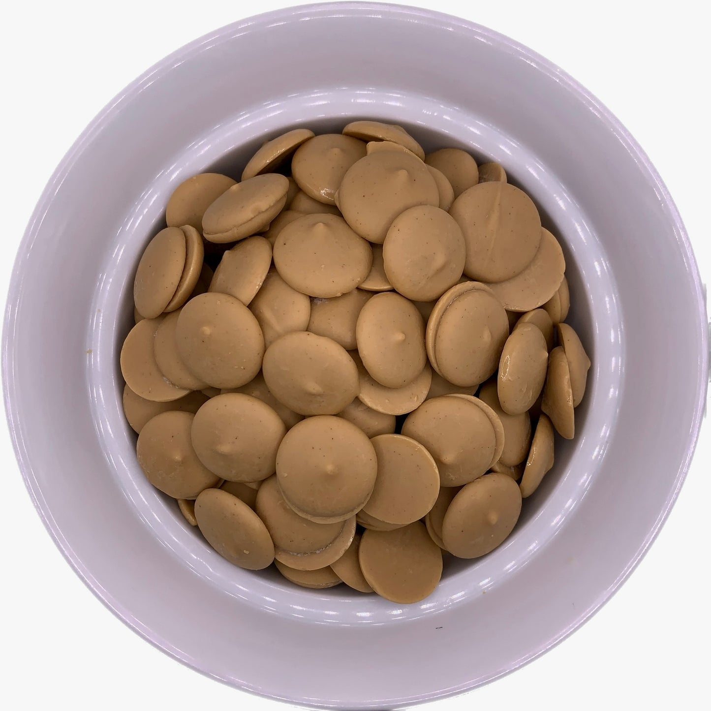 Peanut Butter Flavored Chocolate Confectionery Melting Wafers in a white bowl, embodying the smooth texture and nutty flavor ideal for peanut butter themed treats and decorations.