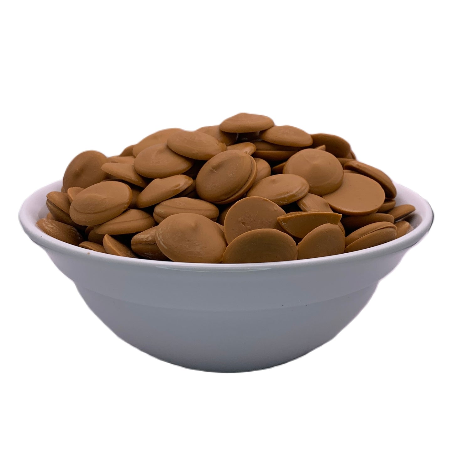 A white bowl containing Clasen peanut butter flavored chocolate melting wafers, the front view highlighting their tan color and smooth, melt-in-your-mouth texture.