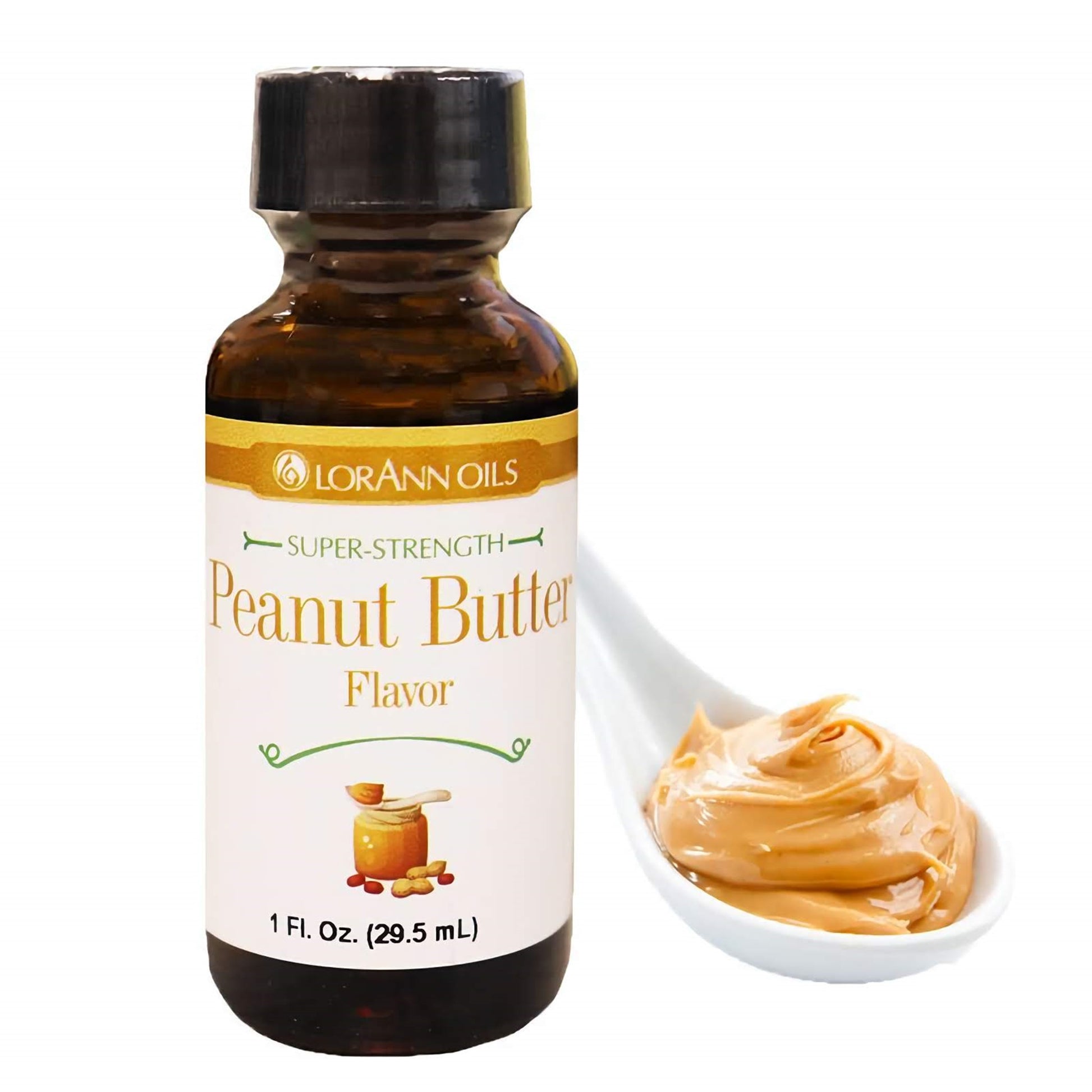 A bottle of LorAnn Oils Super-Strength Peanut Butter Flavor, accompanied by a spoonful of creamy peanut butter, representing the rich and nutty essence of the flavoring.