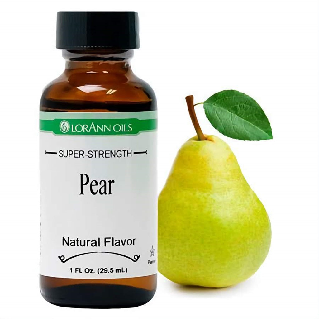 A bottle of LorAnn Oils Super-Strength Natural Pear Flavor, with an image of a fresh, ripe pear alongside, symbolizing the authentic fruit flavor of the extract.