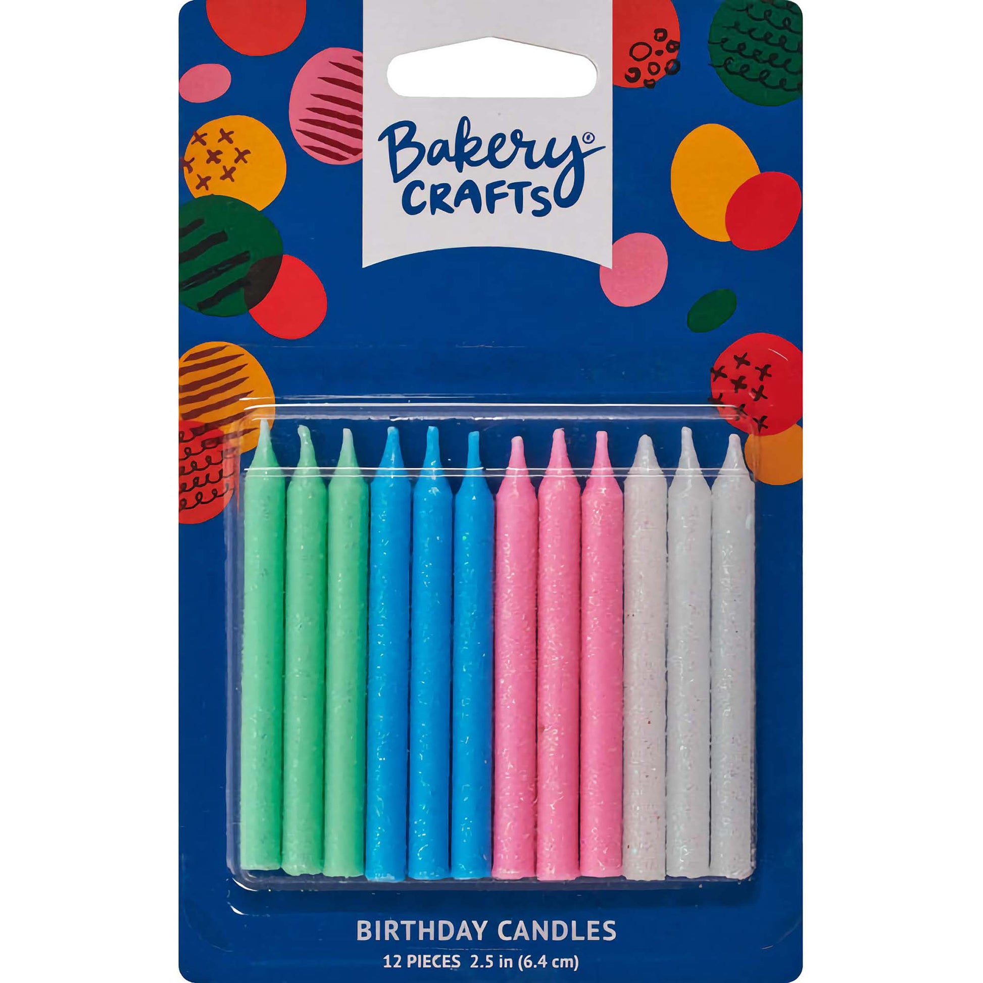 A package of 12 Pearl Glitter Birthday Candles by Bakery Crafts, featuring three color options: green, blue, pink, and white. Each candle is 2.5 inches tall and adds a special sparkle to cakes.