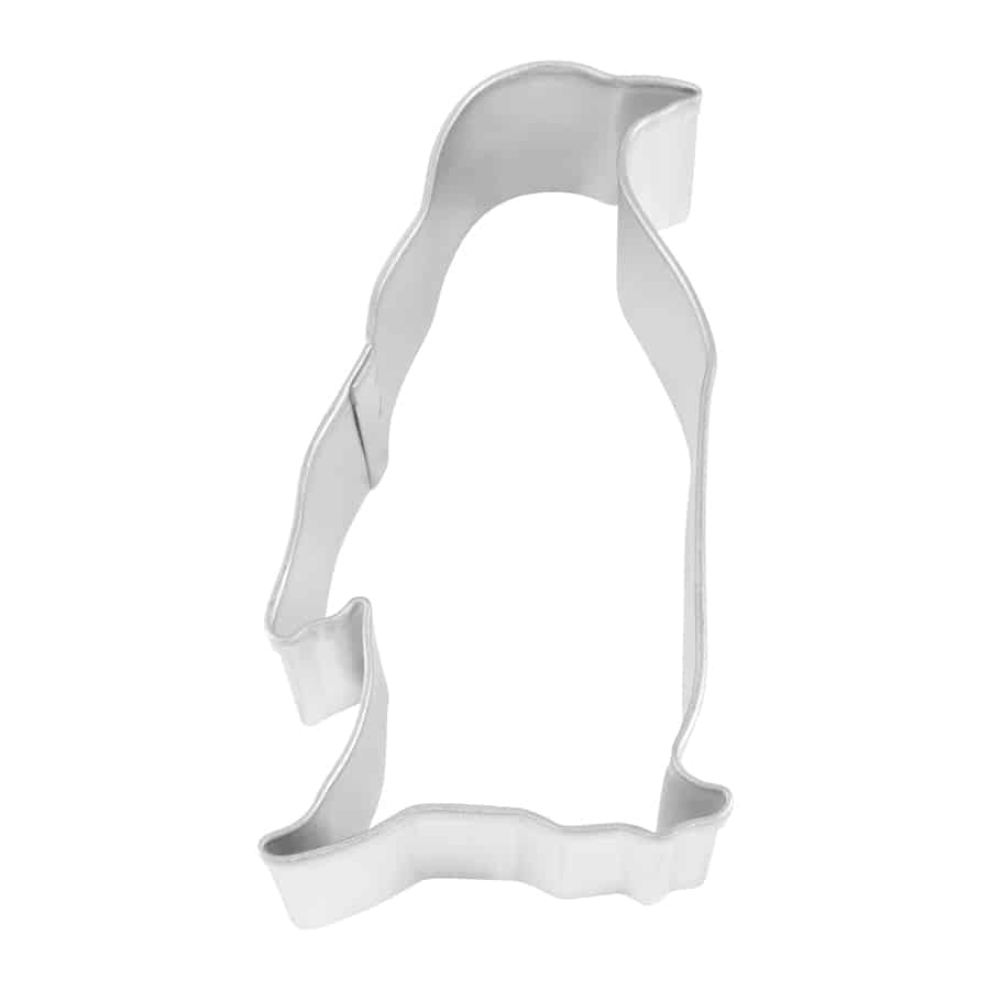 3-inch metal penguin cookie cutter with dimensions 3.5" x 3" x 1", perfect for making penguin-shaped cookies or fondant decorations.