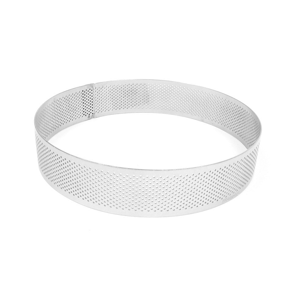 Round perforated stainless steel cake band ring with satin finish, 23cm diameter and 3.5cm height, featuring evenly spaced small holes around the sides.