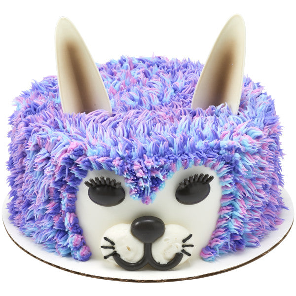 Round cake designed as a fluffy animal with colorful piped fur and DecoSet facial features.