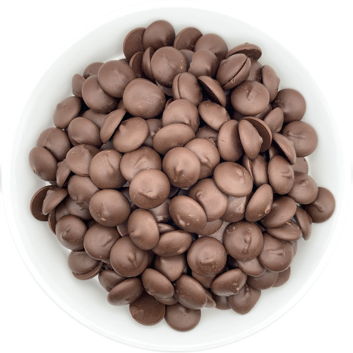 Peter's Eastchester Dark Chocolate Confectionery Melting Wafers in a white bowl, capturing the elegant, dark chocolate sheen ideal for rich dessert creations and chocolate fountains.