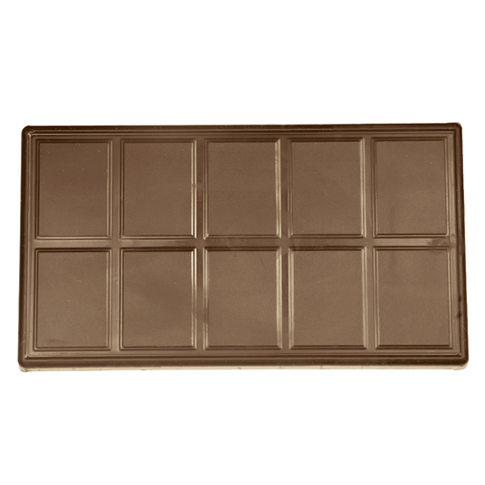 Chocolate bar with a grid of squares on a white background
