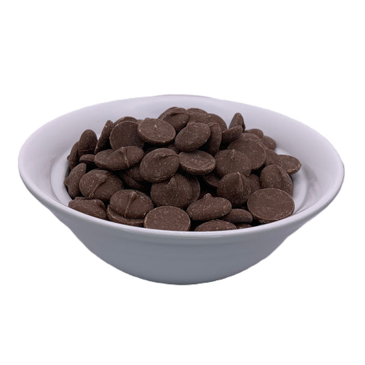 A bowl of Peters Cambra 72% Real Dark Chocolate Bittersweet chips.