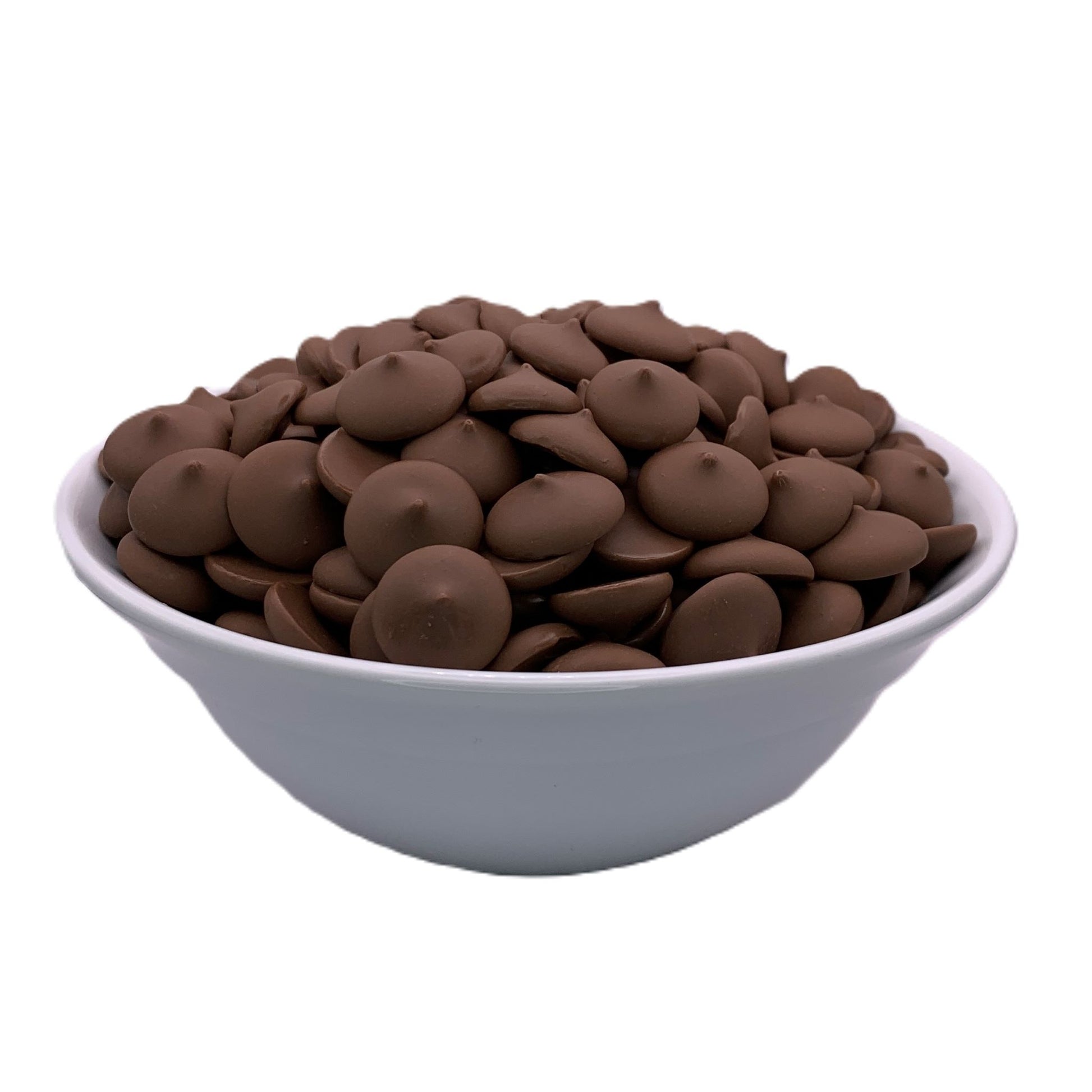 Bowl of Peters Eastchester dark chocolate melting wafers on a white background, angled to show the rich brown hue and smooth texture, perfect for elegant dessert creations.