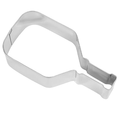Silver metal pickleball paddle cookie cutter on a white background, with a rounded rectangular paddle head and narrow handle.