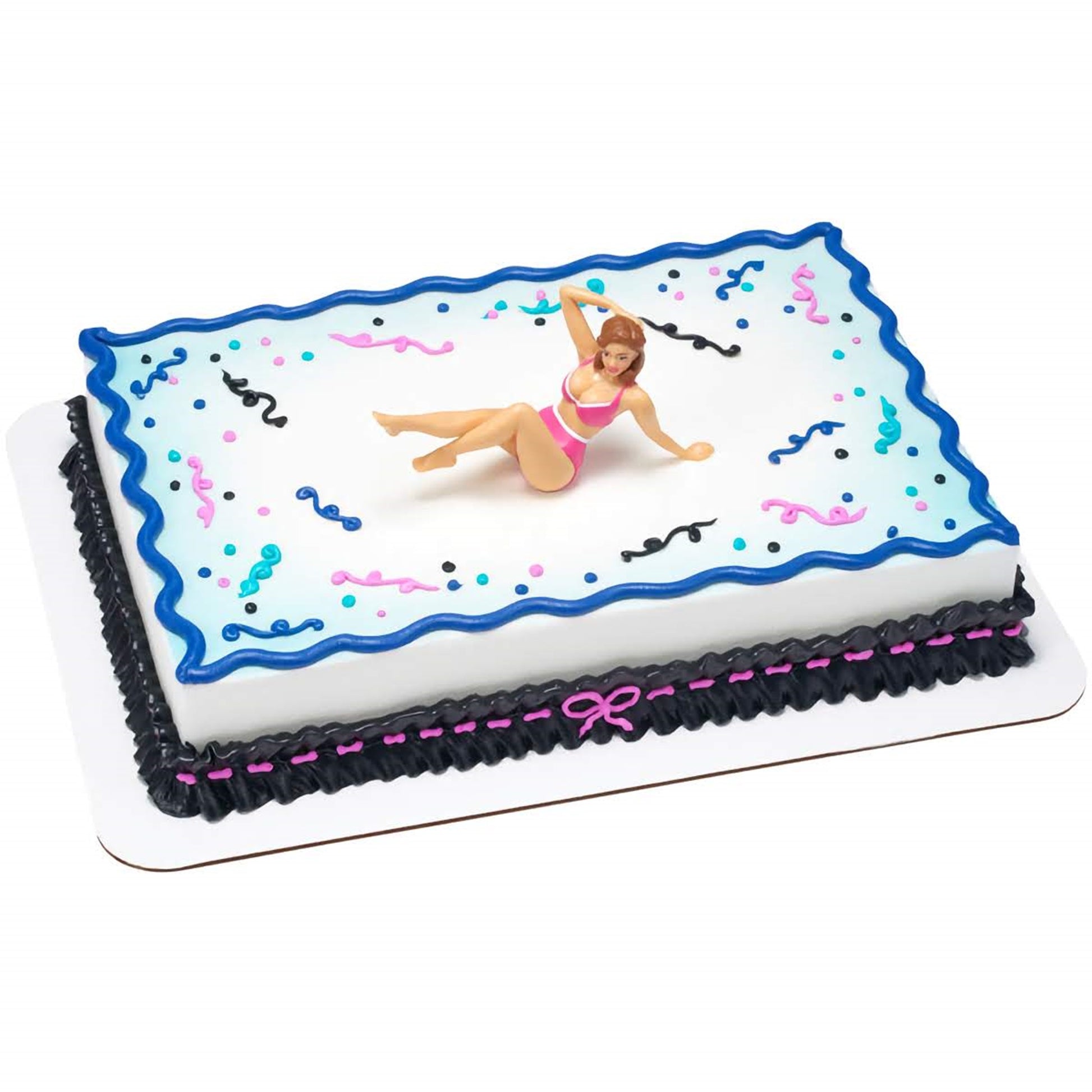 A rectangular cake adorned with a bikini-clad woman cake topper, with whimsical black and blue squiggles and pink accents. The cake's playful design is available at Lynn's Cake, Candy, and Chocolate Supplies, perfect for bachelor parties or summer-themed events.