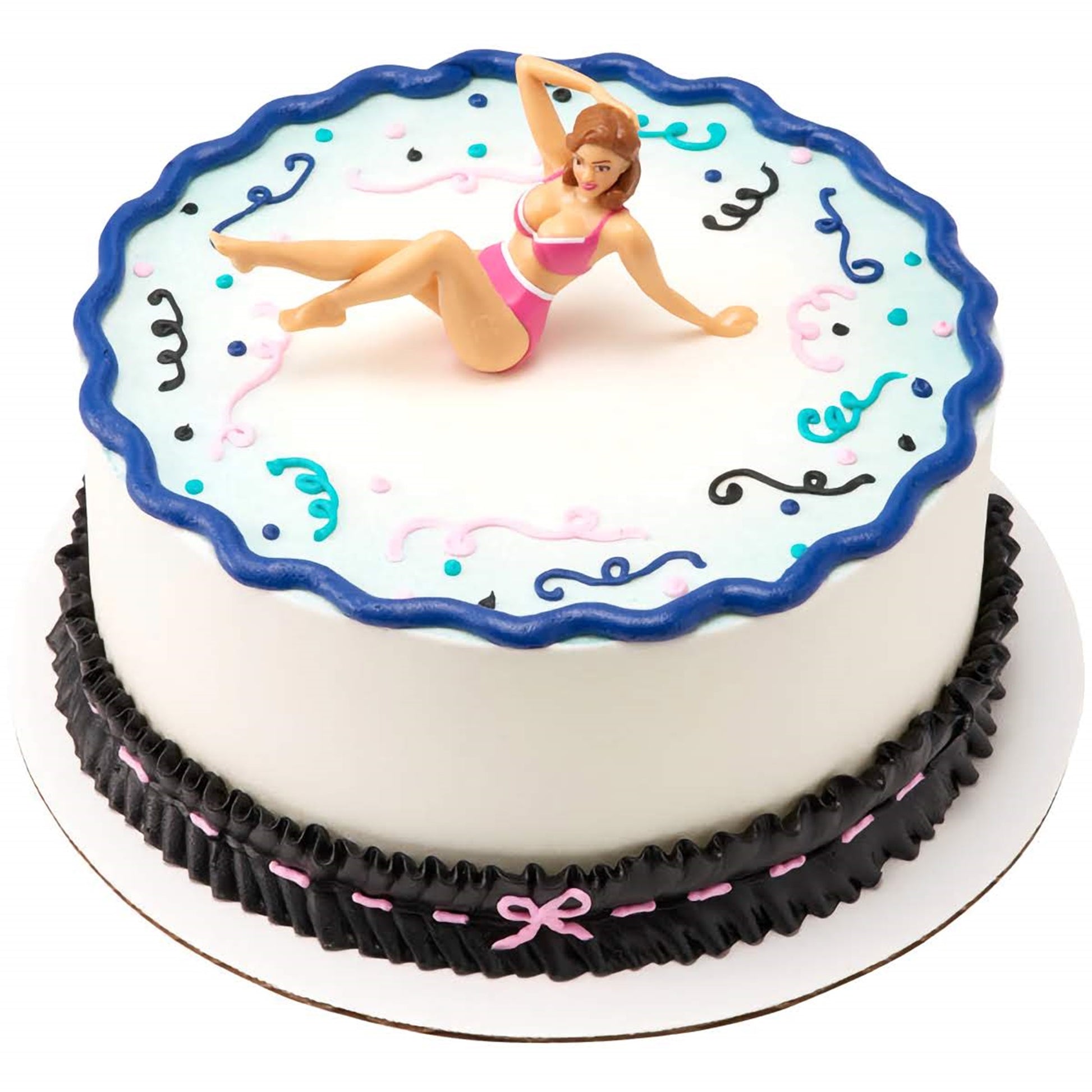 A festive round cake decorated with a figure of a woman in a bikini, encircled by blue waves on white icing, and finished with a black and pink border. Offered by Lynn's Cake, Candy, and Chocolate Supplies, it's a great choice for celebrations that call for a bit of humor and sass.